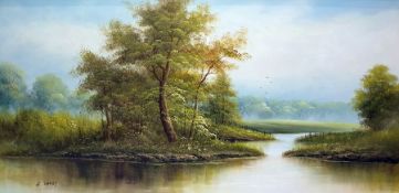 A Darby Oil on canvas  River landscape at dawn, 60cm x 120cm together with on further 20th Century