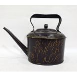 19th century toleware teapot, burgundy ground with gilt lettering