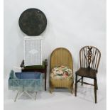 Piano stool, an Eastern style circular table top, a wicker laundry basket, a Lloyd Loom style