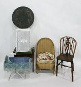 Piano stool, an Eastern style circular table top, a wicker laundry basket, a Lloyd Loom style