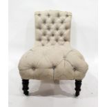 Button-back salon chair with cream foliate patterned upholstery, turned front legs to brass caps and