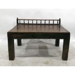 Eastern hardwood bench with spindle galleried back, the rectangular top on square section