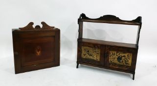 Wall-hanging cupboard in mahogany with painted decorated glazed doors featuring birds and a 19th
