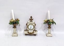 Gilt metal and alabaster clock garniture, the clock with urn finial, pair lion masks to the side,