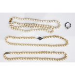 Quantity of costume jewellery to include simulated pearl necklaces, various, sundry beads, rings,