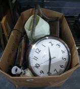 Box of household items to include Lascelles London wall clock, wooden carved knight, framed