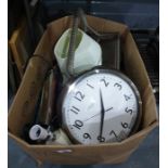 Box of household items to include Lascelles London wall clock, wooden carved knight, framed