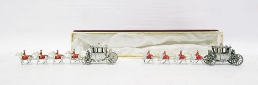 Two unboxed miniature Moko Coronation horse pulled carriages