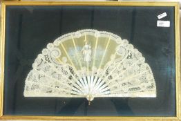 Mother-of-pearl and lace mid 19th century fan painted with a girl in mid Victorian dress picking