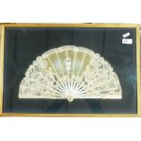 Mother-of-pearl and lace mid 19th century fan painted with a girl in mid Victorian dress picking