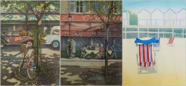 After Peter Buridge (b.1960)  Colour etching Parisian cafe in Parisian avenue, each signed and