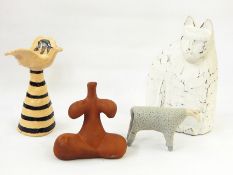 Stoneware model of a sheep, pottery abstract model of bird on stand, terracotta abstract figure,