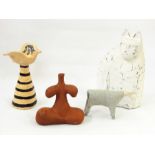 Stoneware model of a sheep, pottery abstract model of bird on stand, terracotta abstract figure,