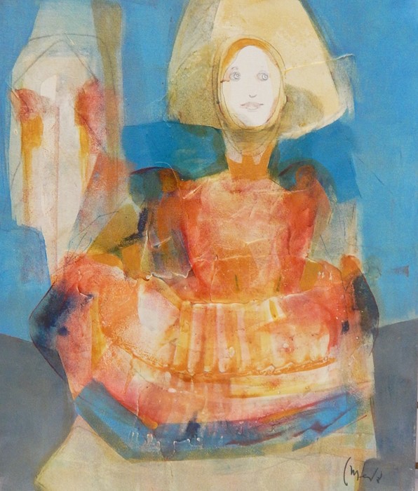 Carlos Mendez (Buenos Aires 1943)  Oil on canvas  "Menina" in bright colours on turquoise ground,