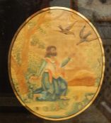 Embroidered silk picture, showing male figure feeding birds, ( St. Francis?)  hair, face, hand and