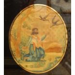 Embroidered silk picture, showing male figure feeding birds, ( St. Francis?)  hair, face, hand and