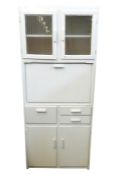 1950's kitchen unit with glazed cupboard above fall-front cupboard with a larder compartment, two