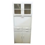 1950's kitchen unit with glazed cupboard above fall-front cupboard with a larder compartment, two