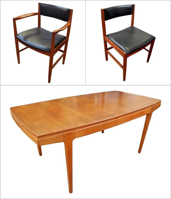 Mid 20th century Vanson teak extending dining table and six Vanson chairs (2+4) with black