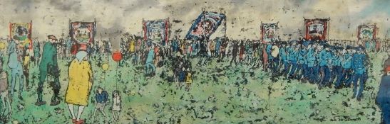 Tom McGuinness Watercolour  Figures with banners in a marching band, signed lower right, 14.5cm x