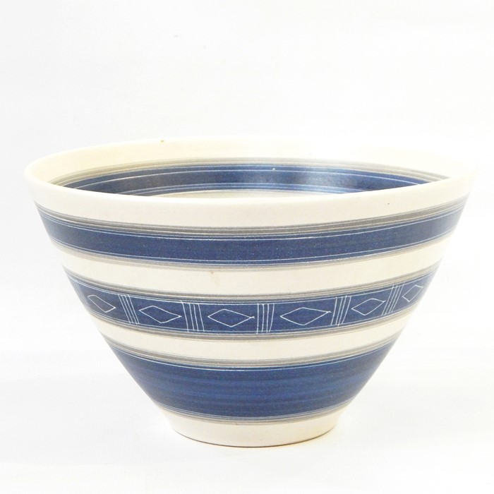 Guillot pottery bowl, banded in white and blue with lozenge decoration and terracotta oval dish with
