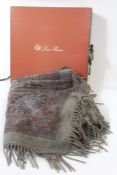 Loro Piana 100% cashmere grey and paisley rug with fringes, in original box, appox 142cm square (