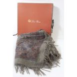 Loro Piana 100% cashmere grey and paisley rug with fringes, in original box, appox 142cm square (