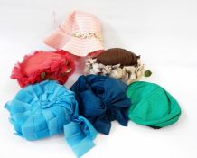 Various 1950's/60's vintage chiffon hats and vintage bags including two crocodile