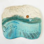 Bill Rickinson studio plaque, abstract design, modern porcelain leaf-shaped dish with frilled edge