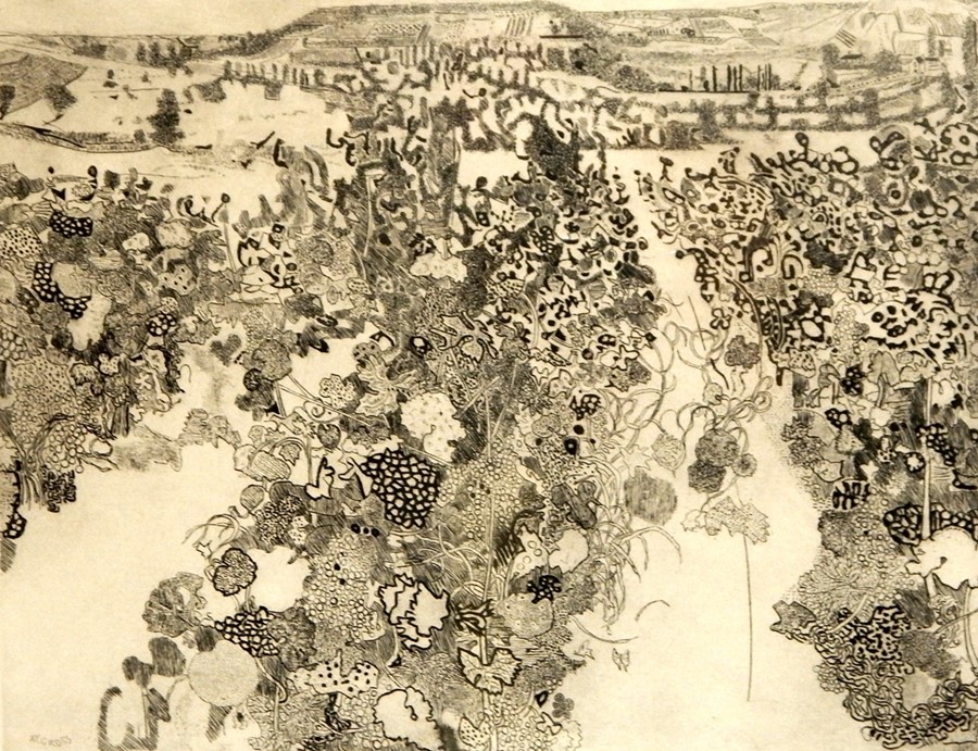 Anthony Gross (1905-1984) Black and white etching "Vineyard", limited edition 69/70, signed in