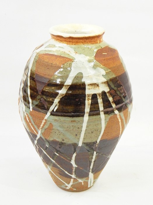 20th century studio stoneware vase, shouldered and tapering with green, white and brown glazes