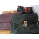 Lonchamp green leather document case with satin brass fittings, a Simpsons of Piccadilly maroon