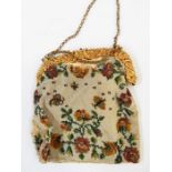 19th century metal-frame evening bag with chain, embroidered and beaded bag (with loss)