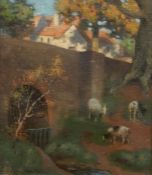 Thomas Corson Morton  Oil on canvas "Evening", goats beside stream, labelled verso "Annan & Sons,