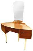 1970's Avalon Yatton dressing table, the tapering rectangular mirror above the bowfront angular