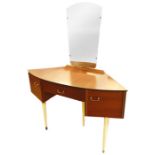 1970's Avalon Yatton dressing table, the tapering rectangular mirror above the bowfront angular