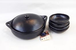 Tierra Negra organic cookware clay casserole with table tablet and four bowls (handmade in the Andes