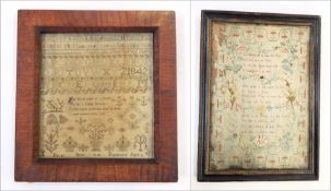 Sampler: cross stitch, alphabet and verse, dated and named 'Dec 22nd Sarah 1842 Rushbrooke Aged