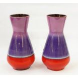 Pair of Carstens West German pottery vases, angular baluster shaped in purple and red (2)