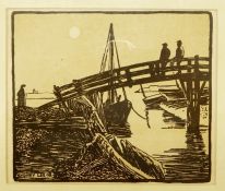 After Sydney Lee  Woodcut etching  Figures on bridge, another similar and a print (3)