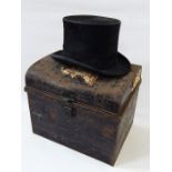 Vintage top hat labelled 'G A Dunn & Co, Piccadilly Circus' (some wear) within a tin box
