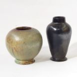 Two 20th Century stoneware studio vases, one in a green and brown glaze, the other in a black ground