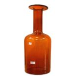 Large Holmegaard Gul amber glass vase, bottle shaped, with tall cylindrical neck, designed by Otto