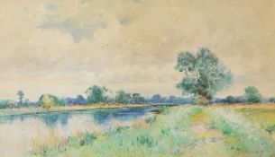 J Macintosh (1847-1913) Watercolour drawing River landscape, approx 25cm x 14.5cm, framed and