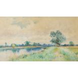 J Macintosh (1847-1913) Watercolour drawing River landscape, approx 25cm x 14.5cm, framed and