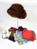 Musquash fur hat by Arnold Sefton, Edinburgh, a quantity of boxed handkerchiefs, silk scarves,