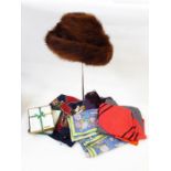 Musquash fur hat by Arnold Sefton, Edinburgh, a quantity of boxed handkerchiefs, silk scarves,