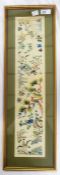 Oriental embroidery on silk, possibly Chinese sleeve piece, 50cm x 10cm (framed)