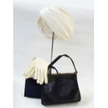 Quantity of vintage evening gloves, kid and others, a small vintage alligator handbag, two other