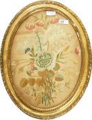 19th century embroidery on paper, floral study showing fuchsia, tulips, chrysanthemum, satin stitch,